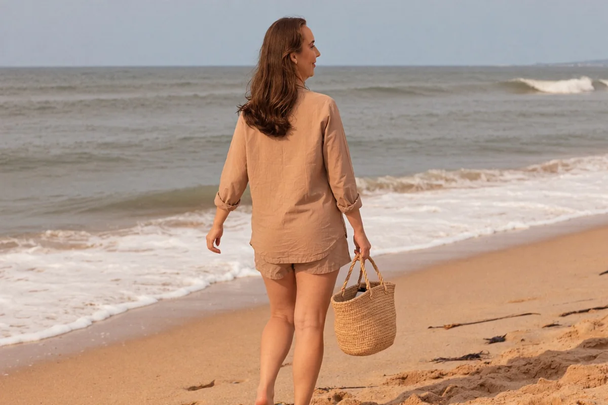 Laura caminhando na areia, olhando para trás